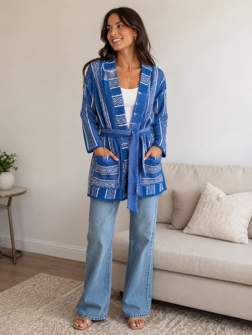 Cwonder Blue Patterned Knit Belted Cardigan Sweater size M